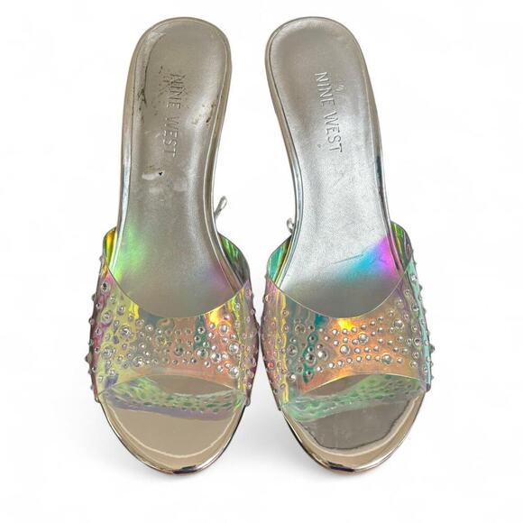 Y2K CLEAR RHINESTONE SILVER NINE WEST SPARKLE SANDALS HEELS SIZE 8. - Picture 3 of 7
